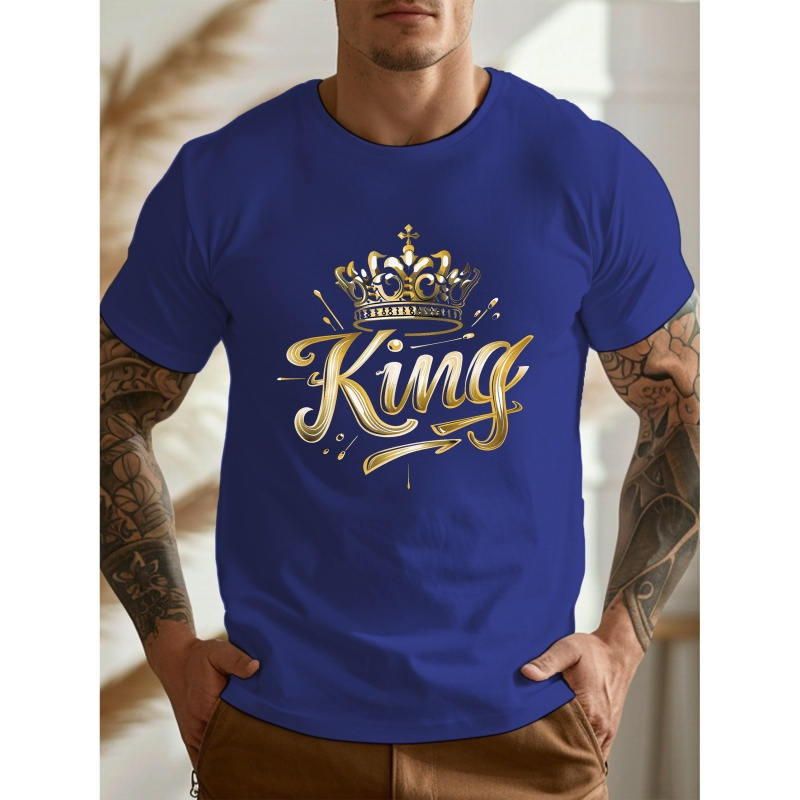 

Men's Casual T-shirt With Golden "king" Crown Graphic Letter Design, Comfort Fit, Short Sleeve, Round Neck Tee For Outdoor Wear