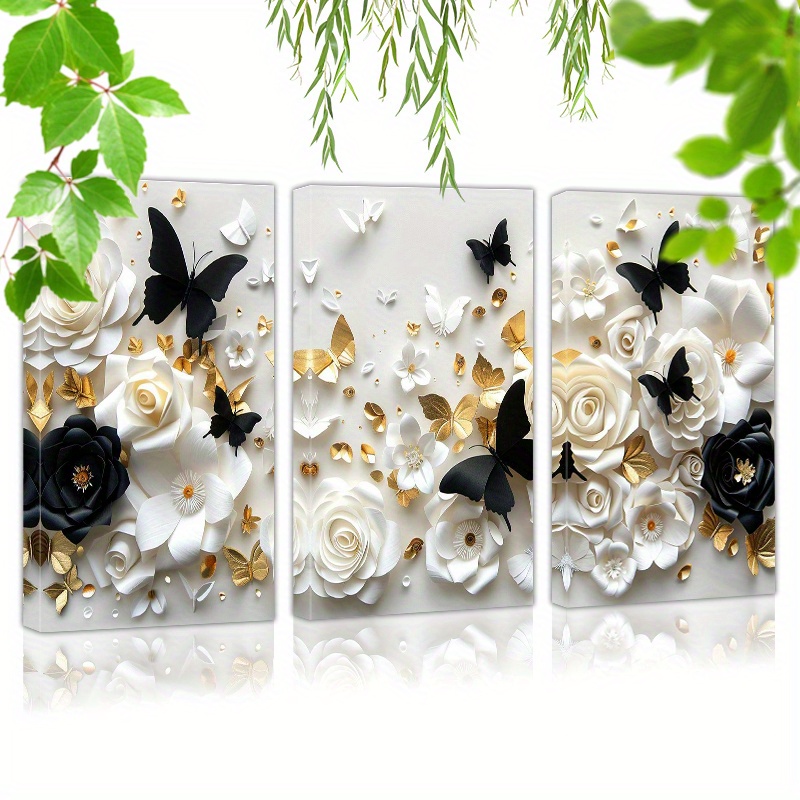 

Framed Set Of 3 Canvas Wall Art Ready To Hang Black Butterflies And White Roses (4) Wall Art Prints Poster Wall Picrtures Decor For Home