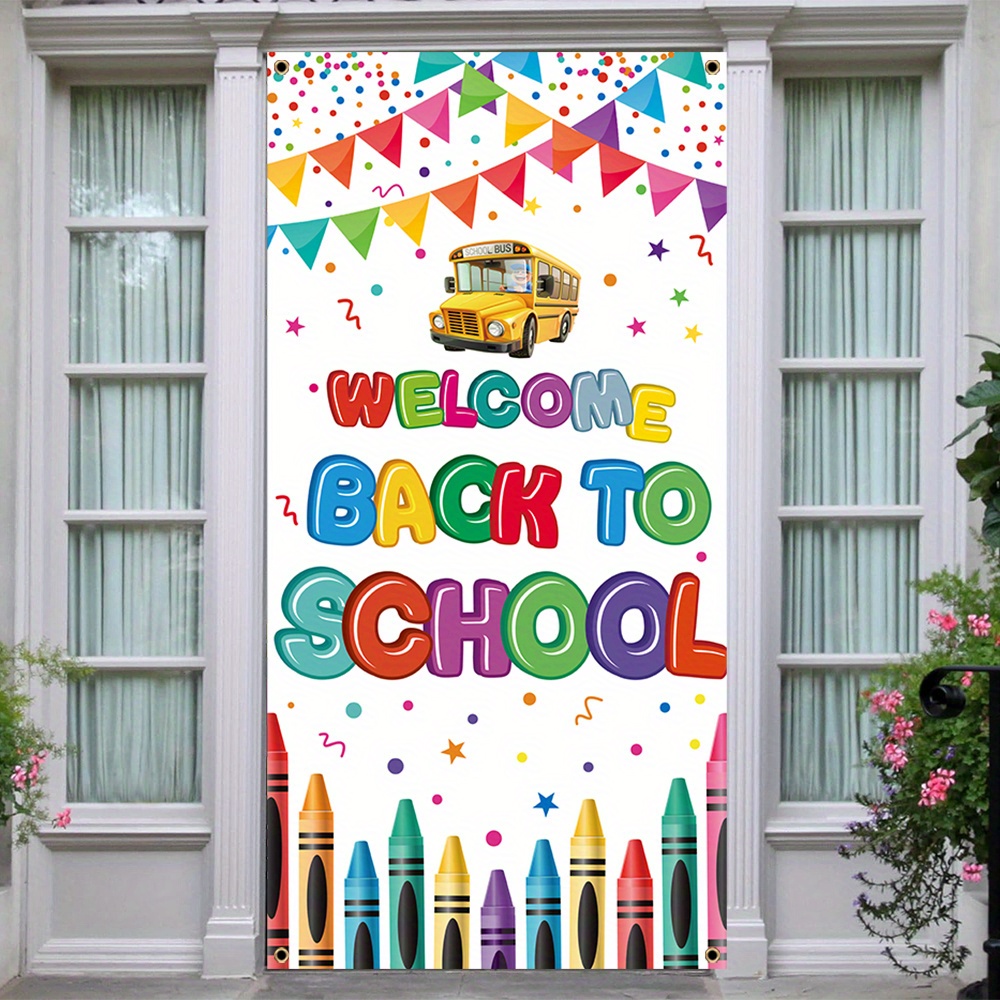 

1pc, Back To School Door Cover Banner, Polyester, First Day Of School Classroom Backdrop Porch Sign, Birthday Party Front Door Hanging Banner, Home Mural Decor 70x35 Inch