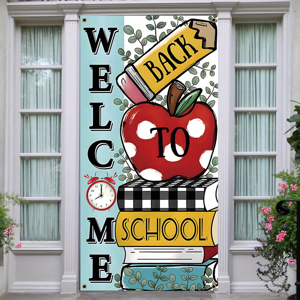 

1pc, Back To School Door Cover Banner, Polyester, First Day Of School Books Background Porch Sign, Birthday Party Front Door Hanging Banner, Home Mural Decor 70x35 Inch