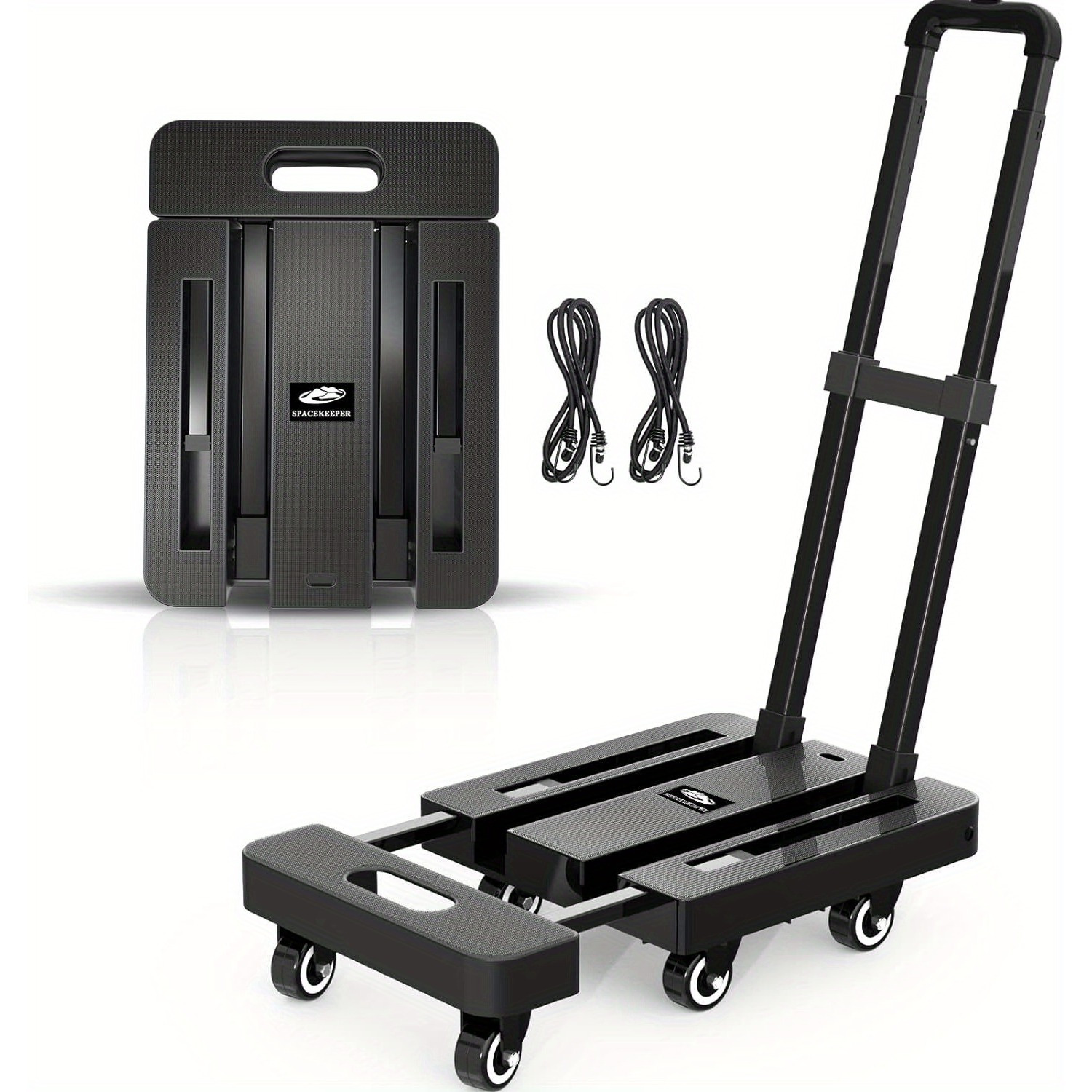 

Folding Hand Truck, 500 Lb Heavy Duty Luggage Cart, Utility Platform Cart With 6 Wheels & 2 Ropes For Luggage, Travel, Moving, Shopping, Office Use, Black