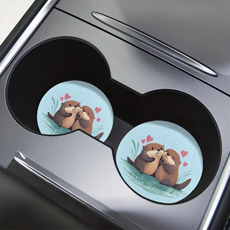 2-pack Otter Car Coasters For Drinks Absorbent - Rubber Non-slip Vehicle Cup Holder Coasters - Universal Accessories For Car Interior, Cute Animal Design - Gifts For Women And Men