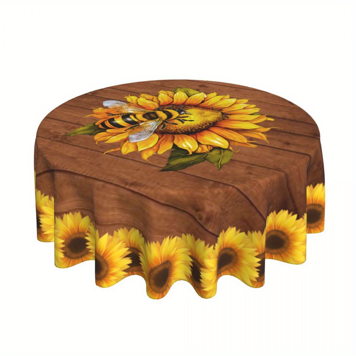 

Sunflower & Bee Print Round Tablecloth - 1pc 100% Polyester Woven Machine Made, Stain Resistant Washable Fine Fiber Table Cover For Kitchen Dining, Eid Ul Adha Holiday Party Decoration