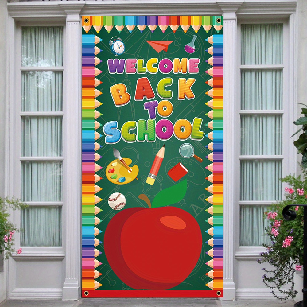 

Back To School Season Door Banner - 70x35" Polyester, First Day Of Classroom Decor With Books & Design, Perfect For Porch Sign Or Birthday Party Front Door Hanging