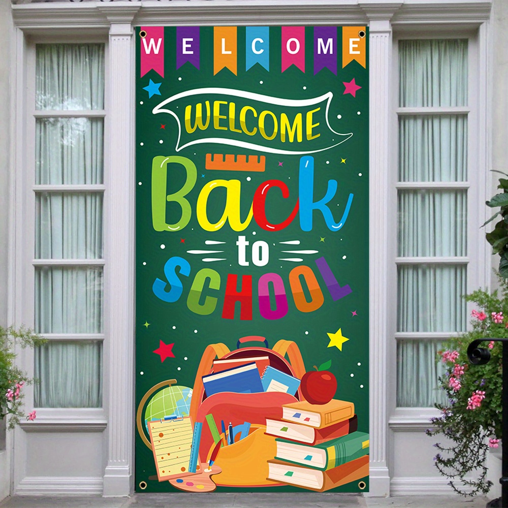 

1pc, Back To School Door Cover Banner, Polyester, First Day Of School Classroom Backdrop Porch Sign, Birthday Party Front Door Hanging Banner, Home Mural Decor 70x35 Inch