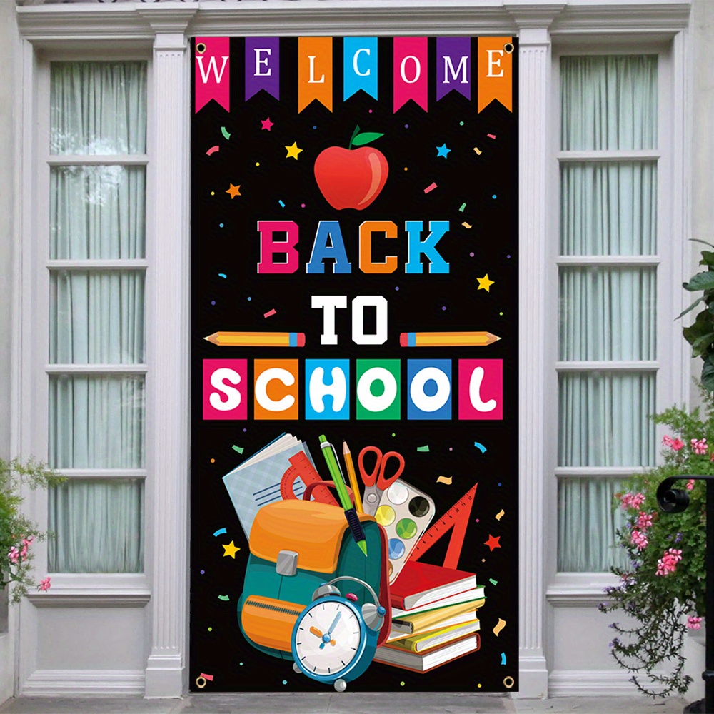 

1pc, Back To School Door Cover Banner, Polyester, First Day Of School Classroom Backdrop Porch Sign, Birthday Party Front Door Hanging Banner, Home Mural Decor 70x35 Inch