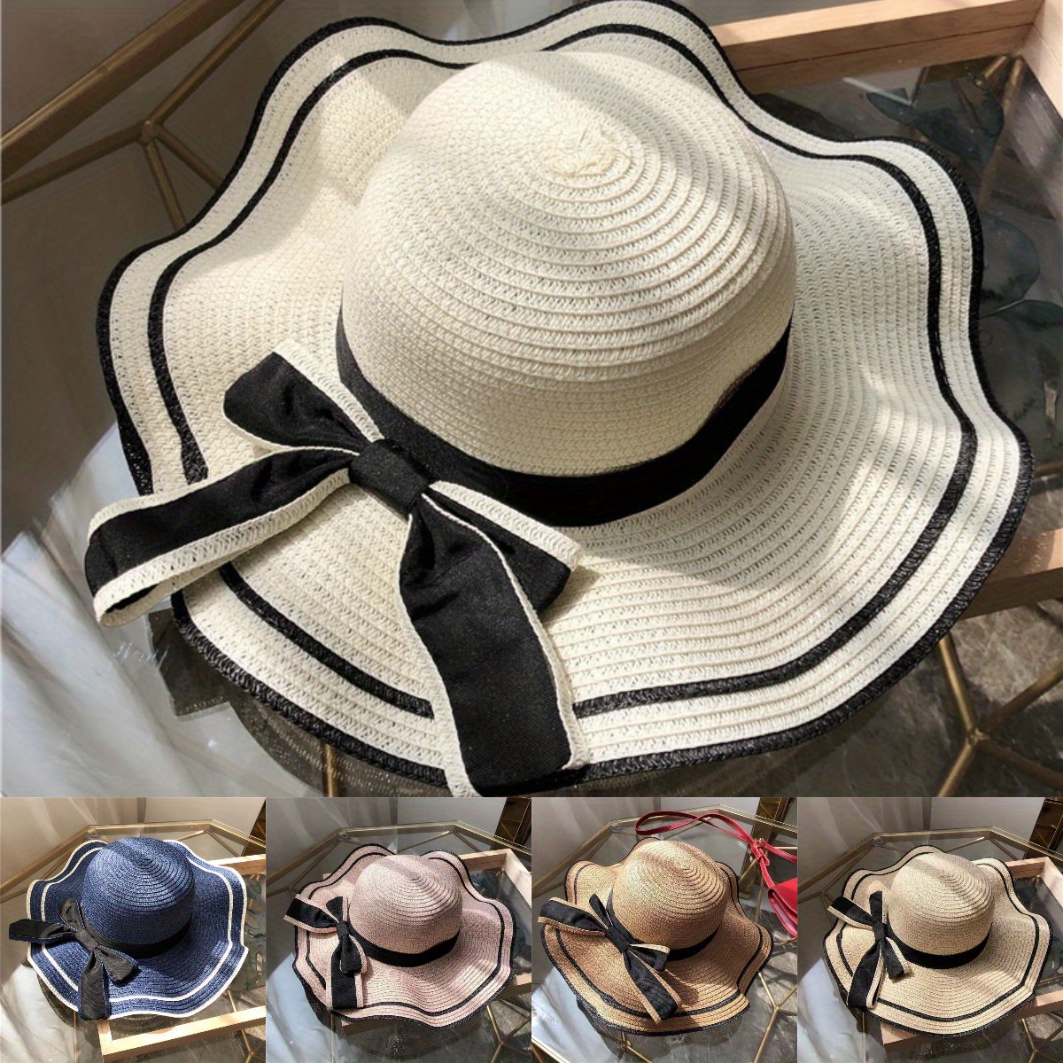 

Women's Summer Wide Brim Straw Sun Hat With Elegant Black Bow, Beach Bucket Hat, Seaside Sun Protection, Travel Holiday Accessory