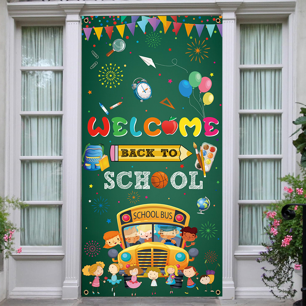 

Welcome Back To School Banner Polyester Door Cover - Multipurpose Classroom Decor For First Day Of School & Birthday Parties - Universal Holiday Carnival Theme Without Electricity - 70x35 Inches