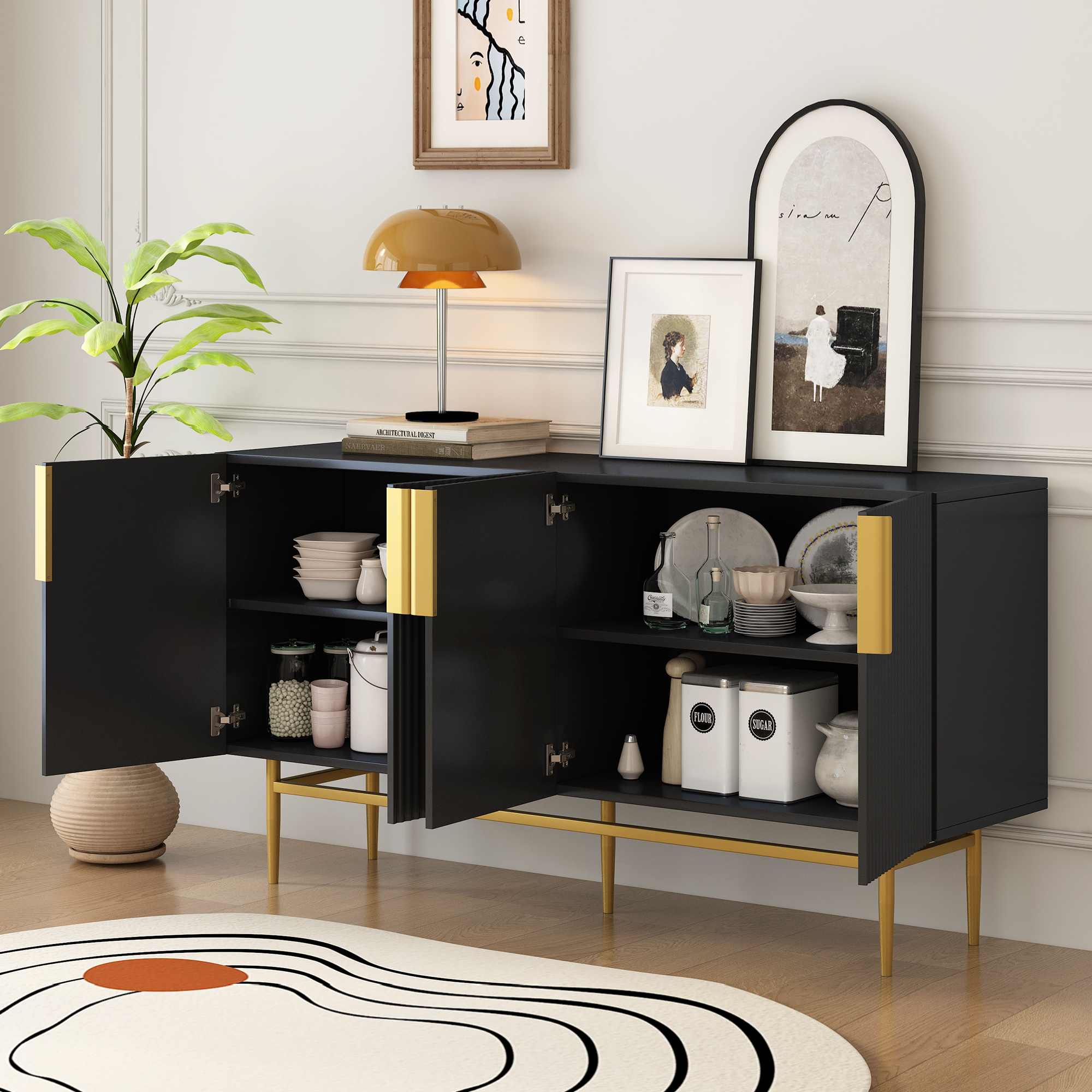 

Modernes, Elegantes Sideboard Mit 4 Türen, Goldfarbener Metallgriff, Buffetschrank Für Esszimmer, Wohnzimmer, Schlafzimmer, Flur (schwarz)