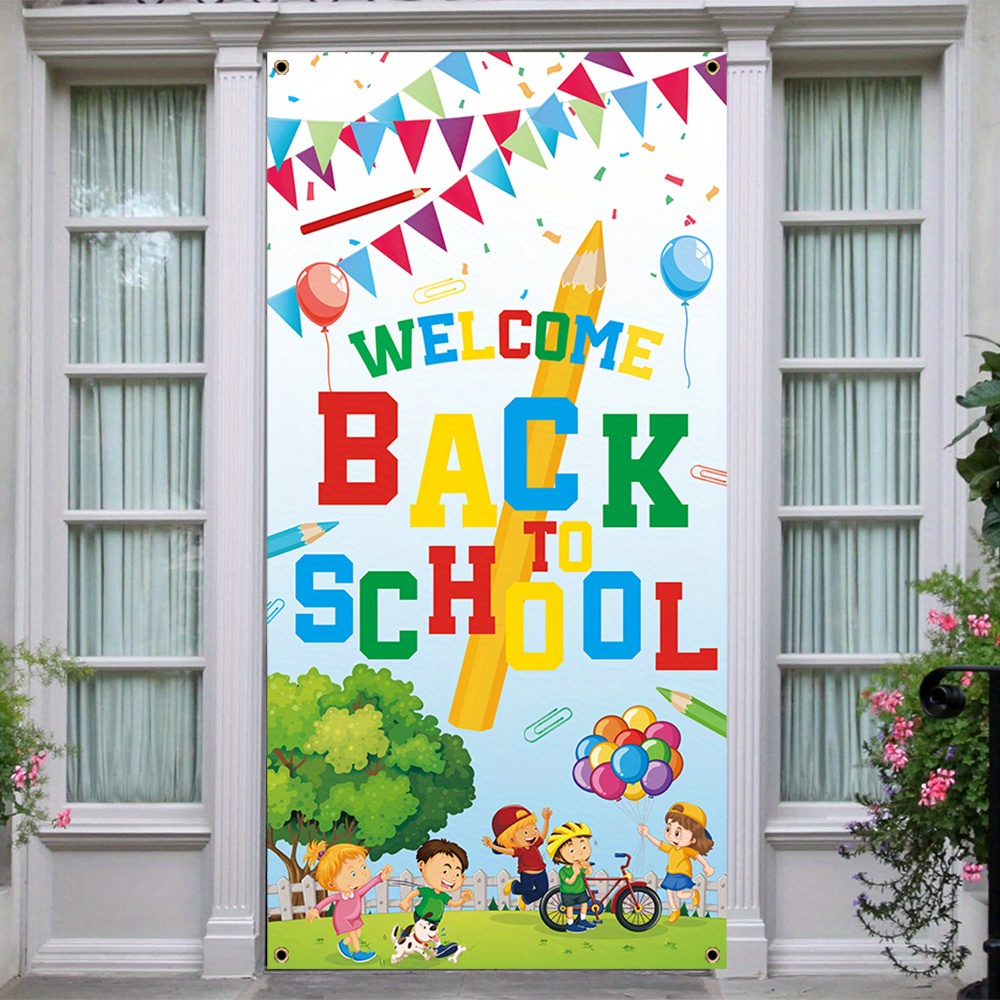 

1pc, Back To School Door Cover Banner, Polyester, First Day Of School Classroom Backdrop Porch Sign, Birthday Party Front Door Hanging Banner, Home Mural Decor 70x35 Inch