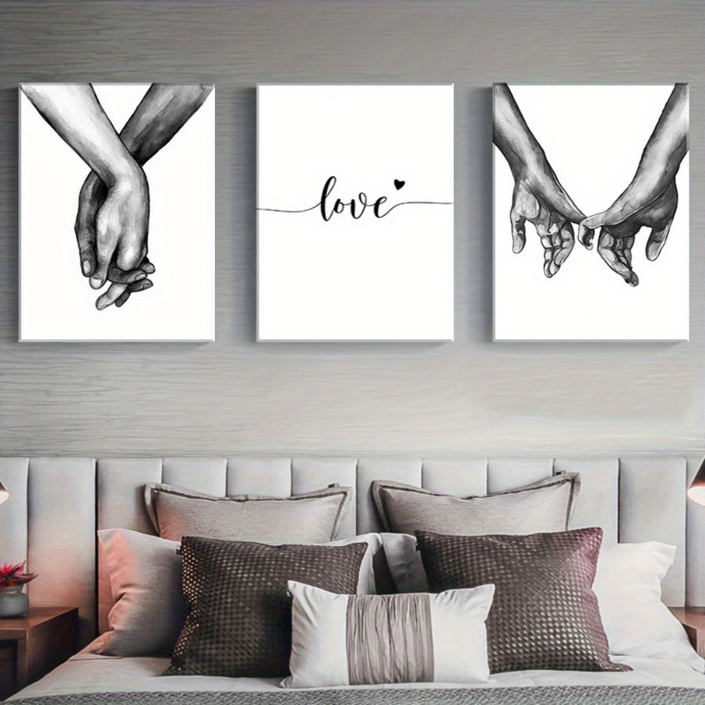 

Framed 3 Piece Black And White Love Canvas Poster Hand In Hand Wall Art Aesthetic Pictures Minimalist Shadow Love Canvas Artwork Decoration For Couples Paintings For Home Room Bedroom Decor