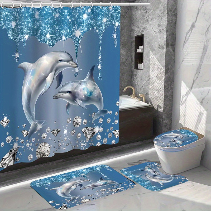 

4-piece Home Decor Shower Curtain Set With 12 Hooks: Waterproof Toilet Seat Cover, Bathroom Mat, And Non-slip Rug - Polyester Fabric, Washable, And Features A Fashionable Dolphin Design