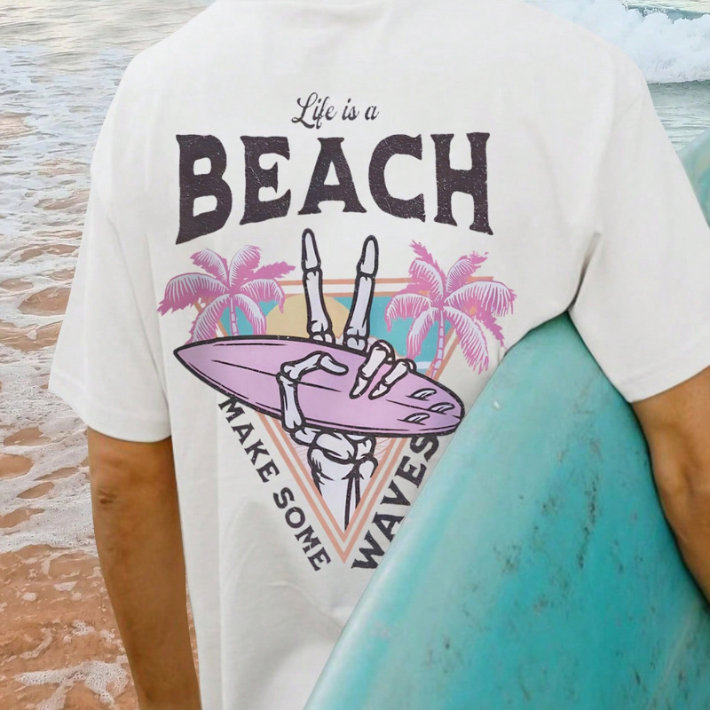 

Men's Summer Palm Tree And Lettered Printed T-shirt With Round Neck And Short Sleeves