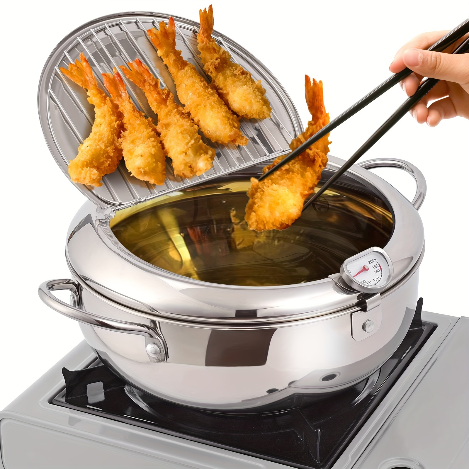 

1pc Deep Fryer Pot, Fryer Stainless Steel Frying Pot With Thermometer, Suitable For Kitchen , , Gas Stove Electromagnetic Stove Universal, Kitchen Cookware