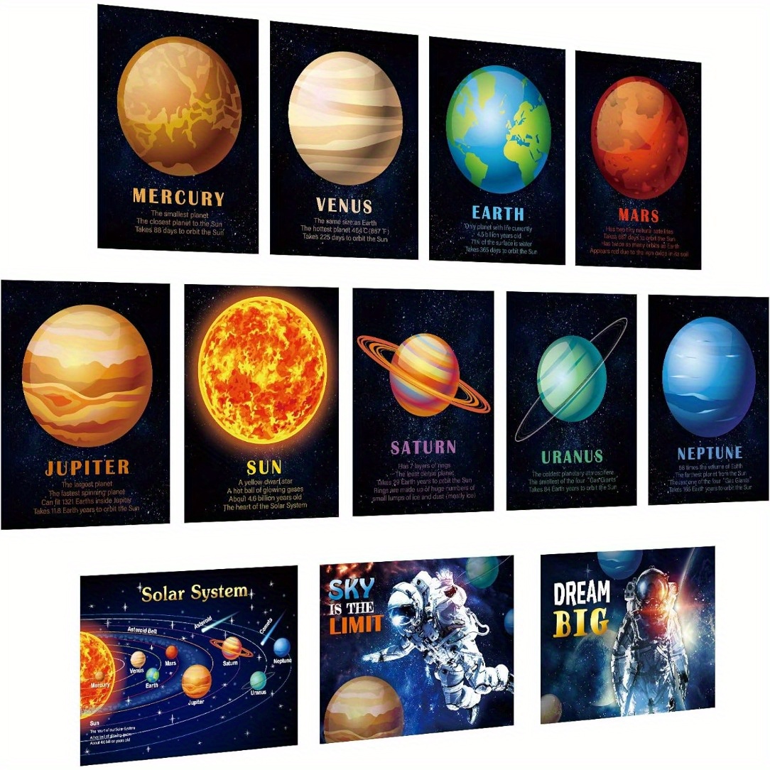 TEMU 12pcs Solar System Learning Posters - Frameless Educational Space & Planets Wall Chart, Waterproof Laminated Paper, 8x10 Inches, Outer Space