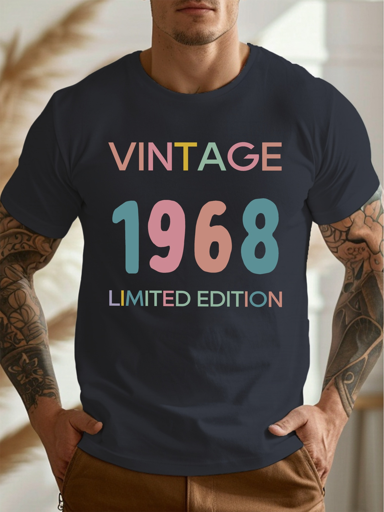 VINTAGE 1968 EDITION Print Plus Size *'s T-shirt, Summer Trendy Casual  Short Sleeve Tees, Outdoor Sports Clothing, Big Tall Guys, Le