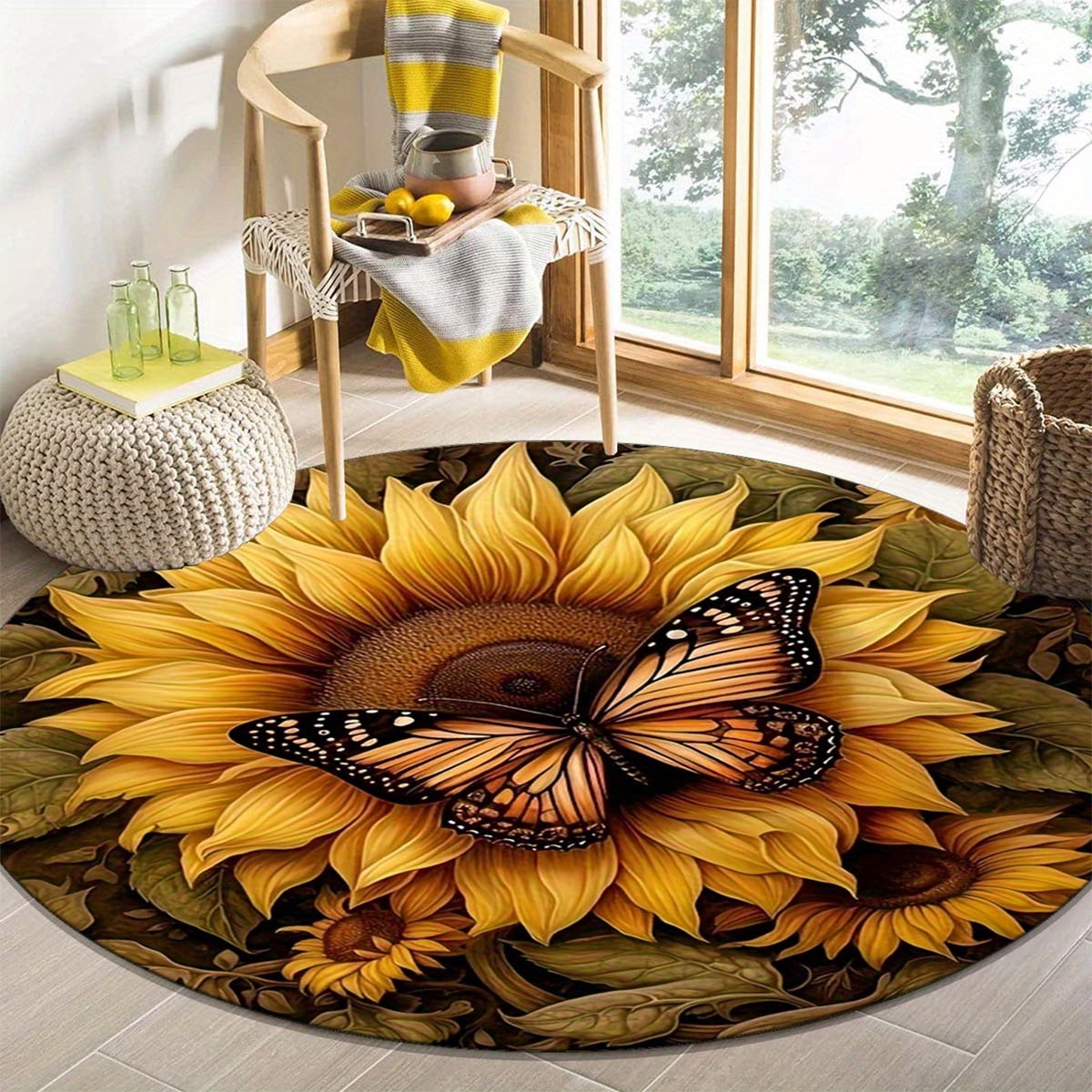 round anti slip area rug with butterfly and sunflower design stain resistant washable polyester doormat for living room or bedroom decor vibrant floral and butterfly detail rugs for living room details 1