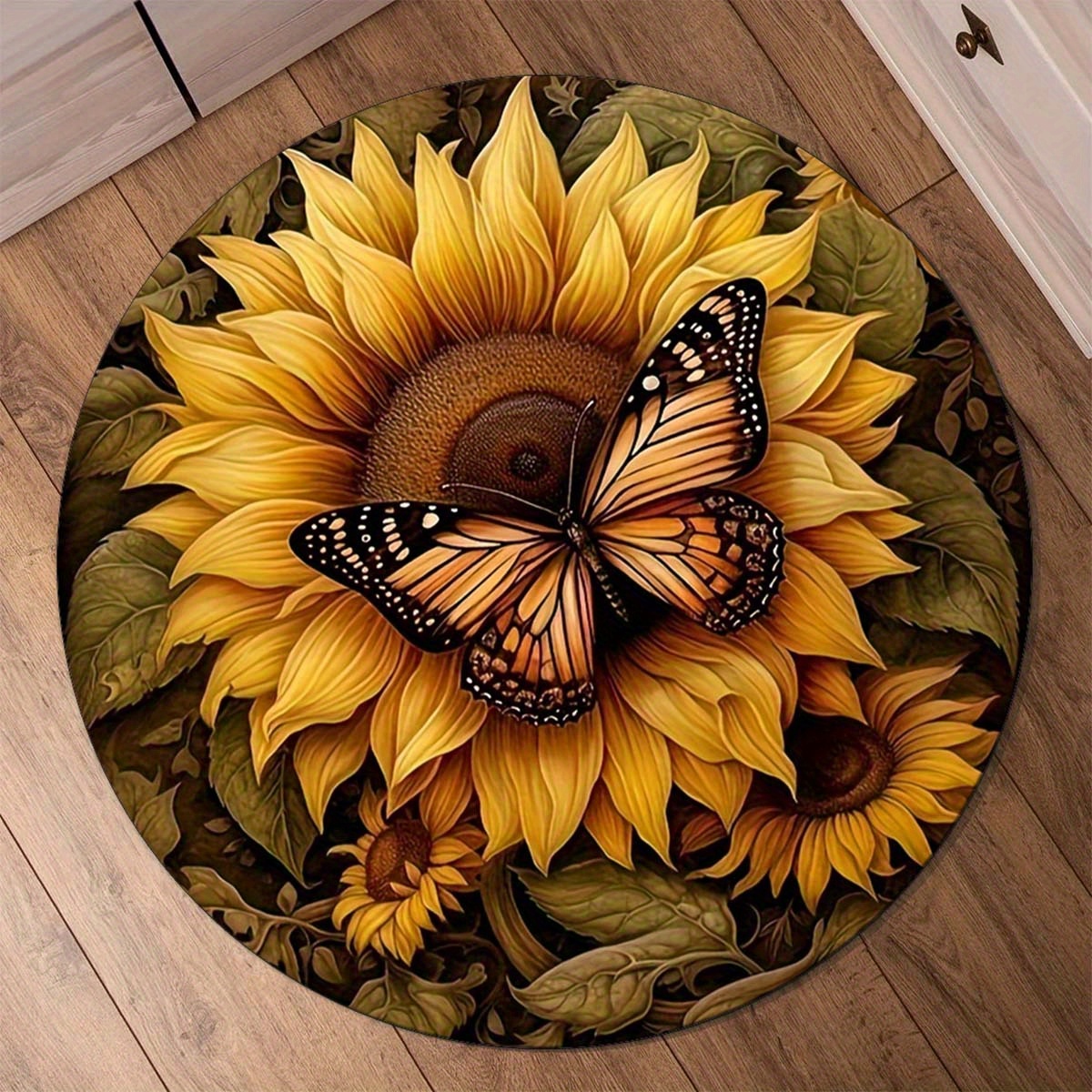 round anti slip area rug with butterfly and sunflower design stain resistant washable polyester doormat for living room or bedroom decor vibrant floral and butterfly detail rugs for living room details 2