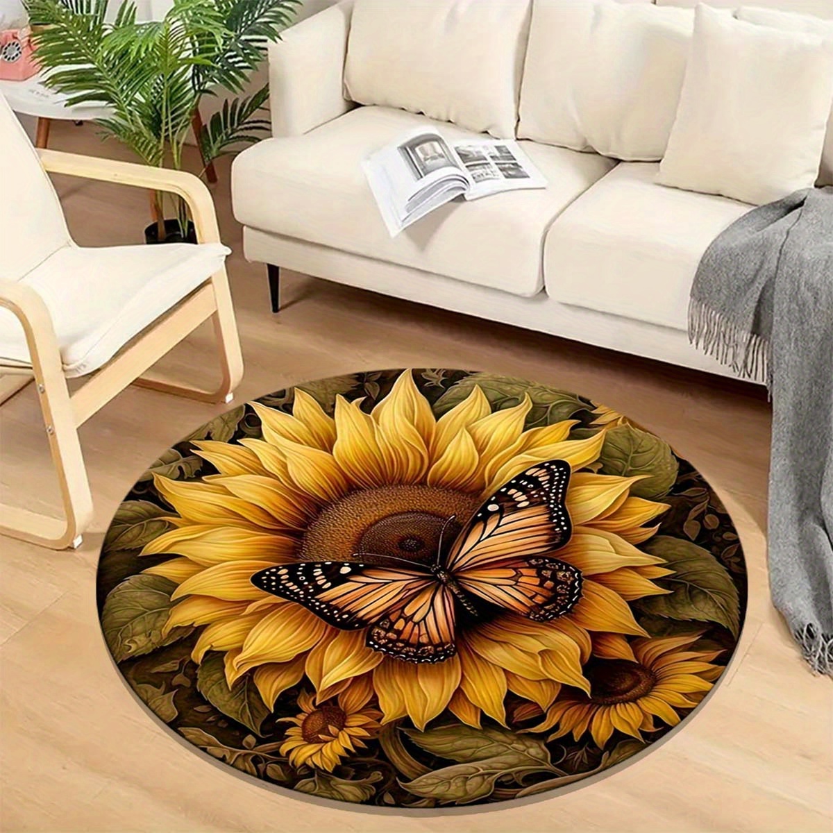 round anti slip area rug with butterfly and sunflower design stain resistant washable polyester doormat for living room or bedroom decor vibrant floral and butterfly detail rugs for living room details 6