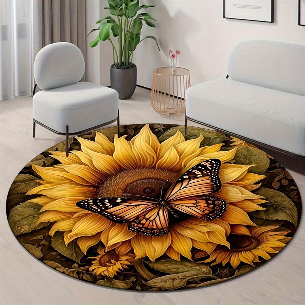 round anti slip area rug with butterfly and sunflower design stain resistant washable polyester doormat for living room or bedroom decor vibrant floral and butterfly detail rugs for living room details 8