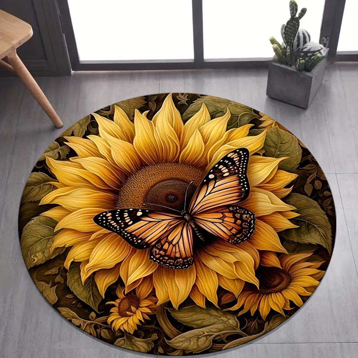 round anti slip area rug with butterfly and sunflower design stain resistant washable polyester doormat for living room or bedroom decor vibrant floral and butterfly detail rugs for living room details 3