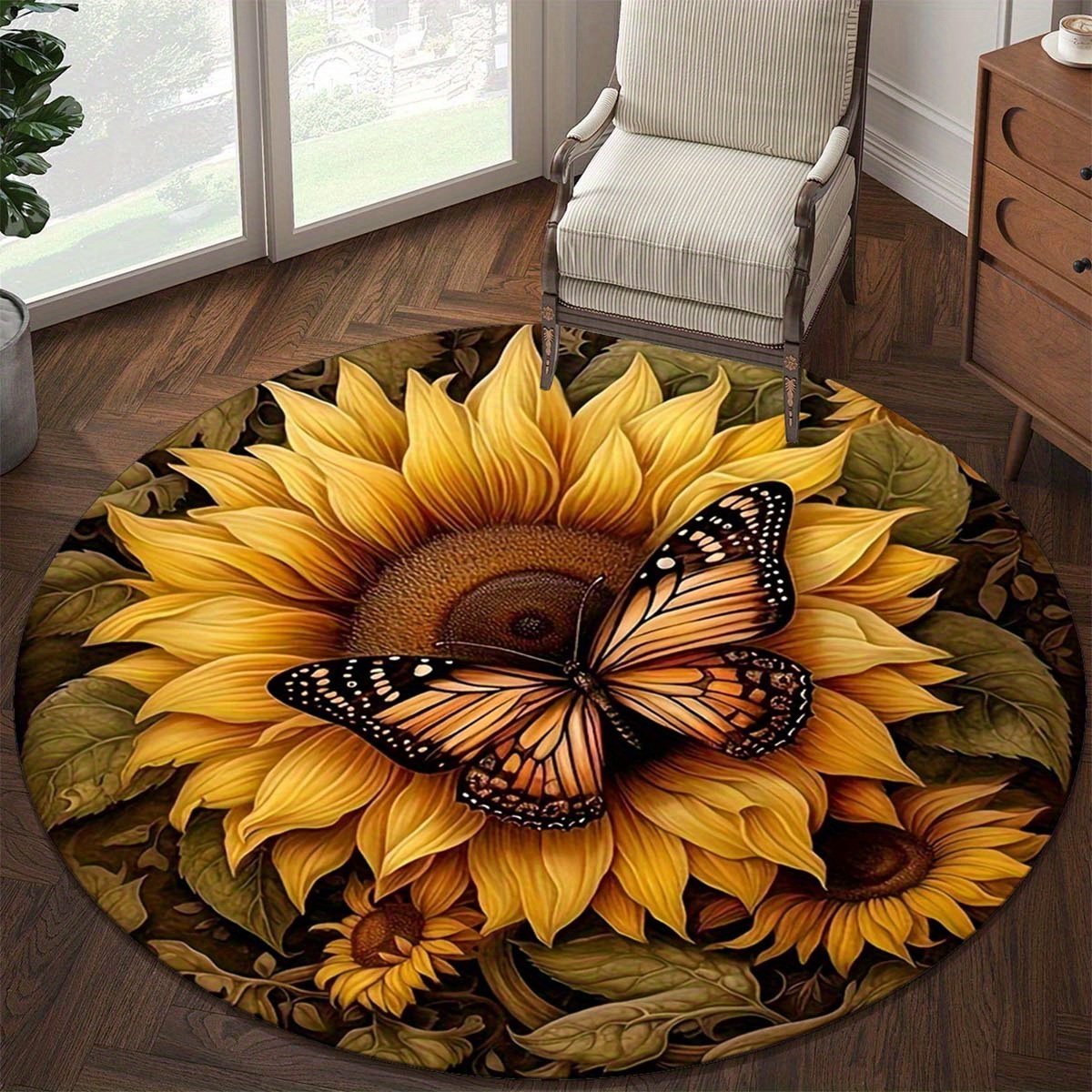 round anti slip area rug with butterfly and sunflower design stain resistant washable polyester doormat for living room or bedroom decor vibrant floral and butterfly detail rugs for living room details 9