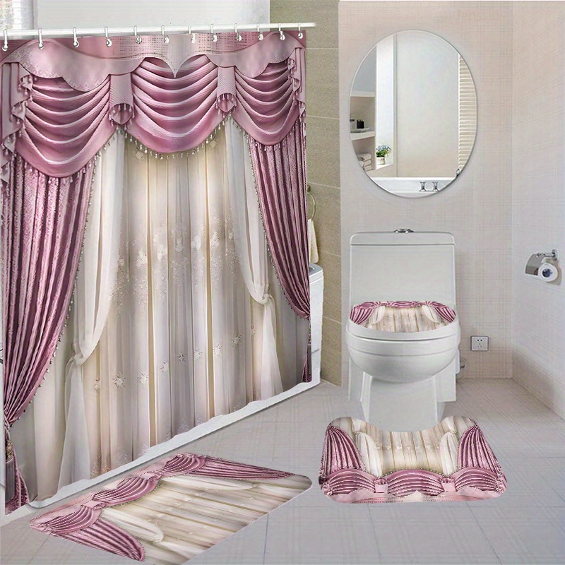 

1/4pcs Pink Pattern Shower Curtain Set, Waterproof Bathroom Partition Curtain With Hooks, Non-slip Bath Rug, Toilet Mat, Toilet Lid Cover Mat, Decorative Bathroom Set, Bathroom Accessories