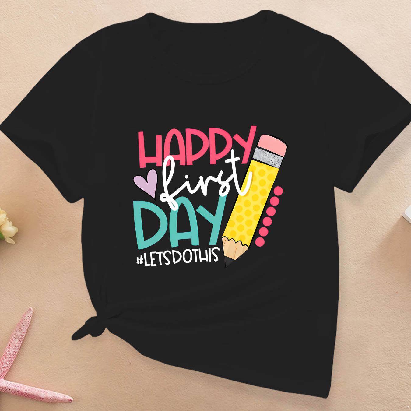 

Girls' Casual Pull-on T-shirt With "happy First Day" Print, Comfortable Breathable Fabric, Versatile Fashion For School & Outings, Black, Multiple Sizes