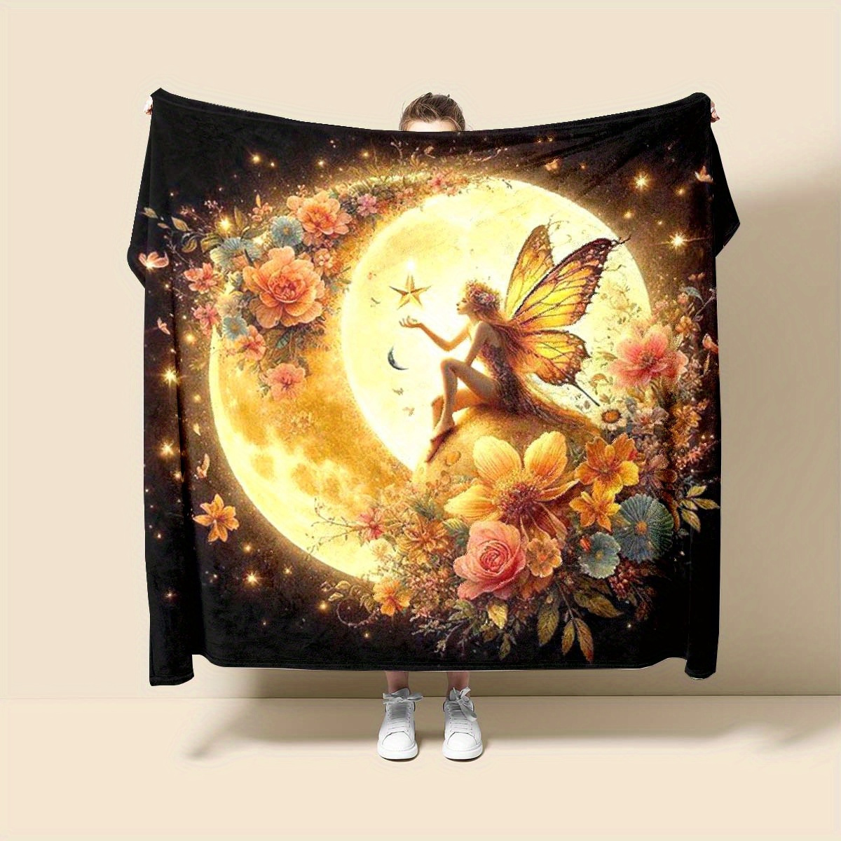 

Fairy And Golden Moon Floral Art Print Flannel Blanket - Cozy Polyester Throw For Office Chair, All Seasons, Travel, Sofa Use - Stylish Fantasy Design - Compact Size