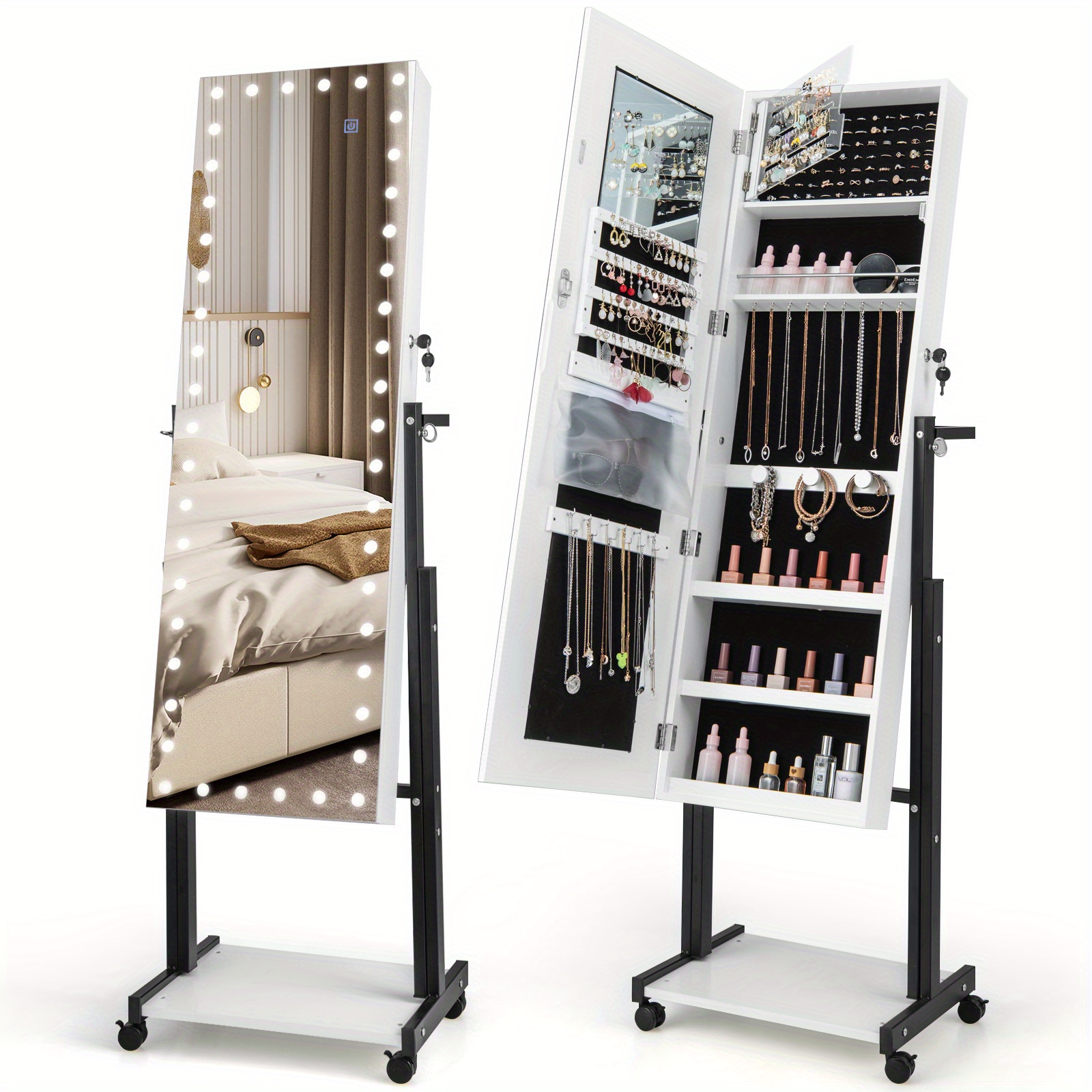 

Giantex 3-color 46 Led Lights mirror Jewelry Cabinet Armoire Adjustable Height W/ Wheels