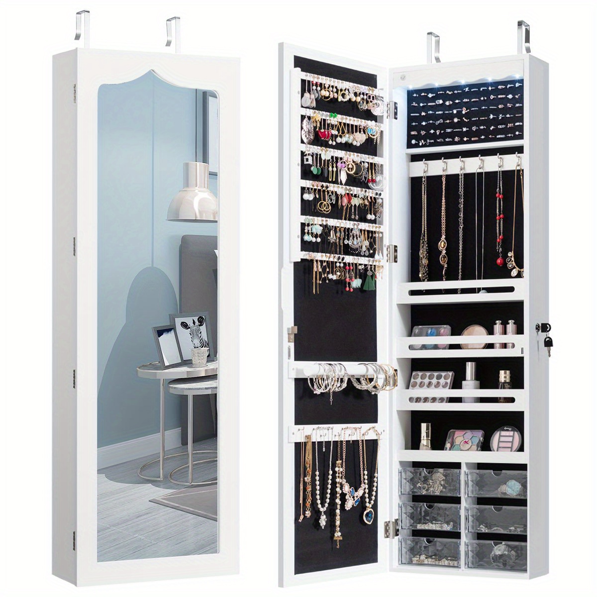 

Giantex Wall Door Mounted Led Mirror Jewelry Cabinet Armoire Organizer W/6 Drawers White