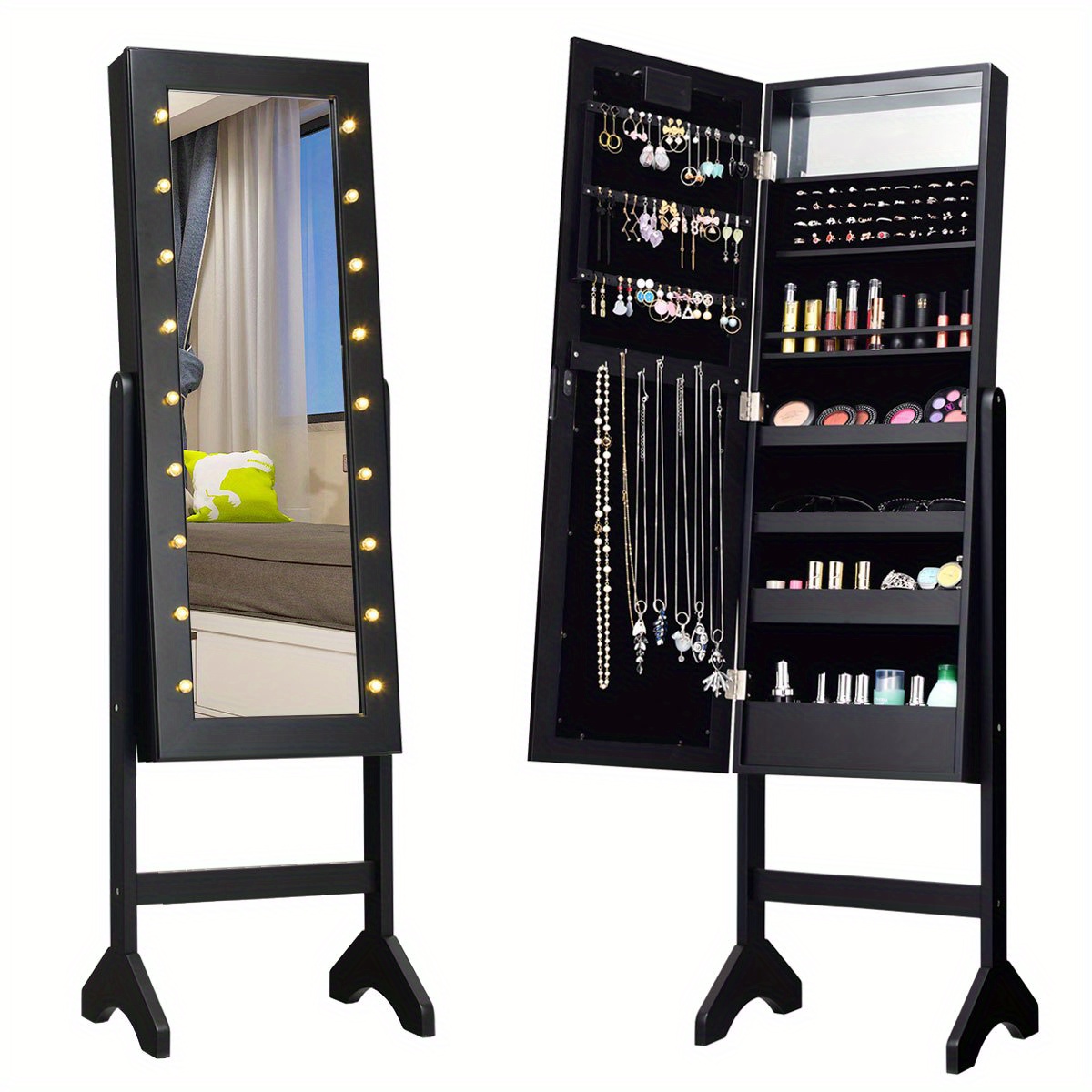 

Giantex Free Standing Mirrored Jewelry Cabinet Organizer W/ 18 Led Lights Black