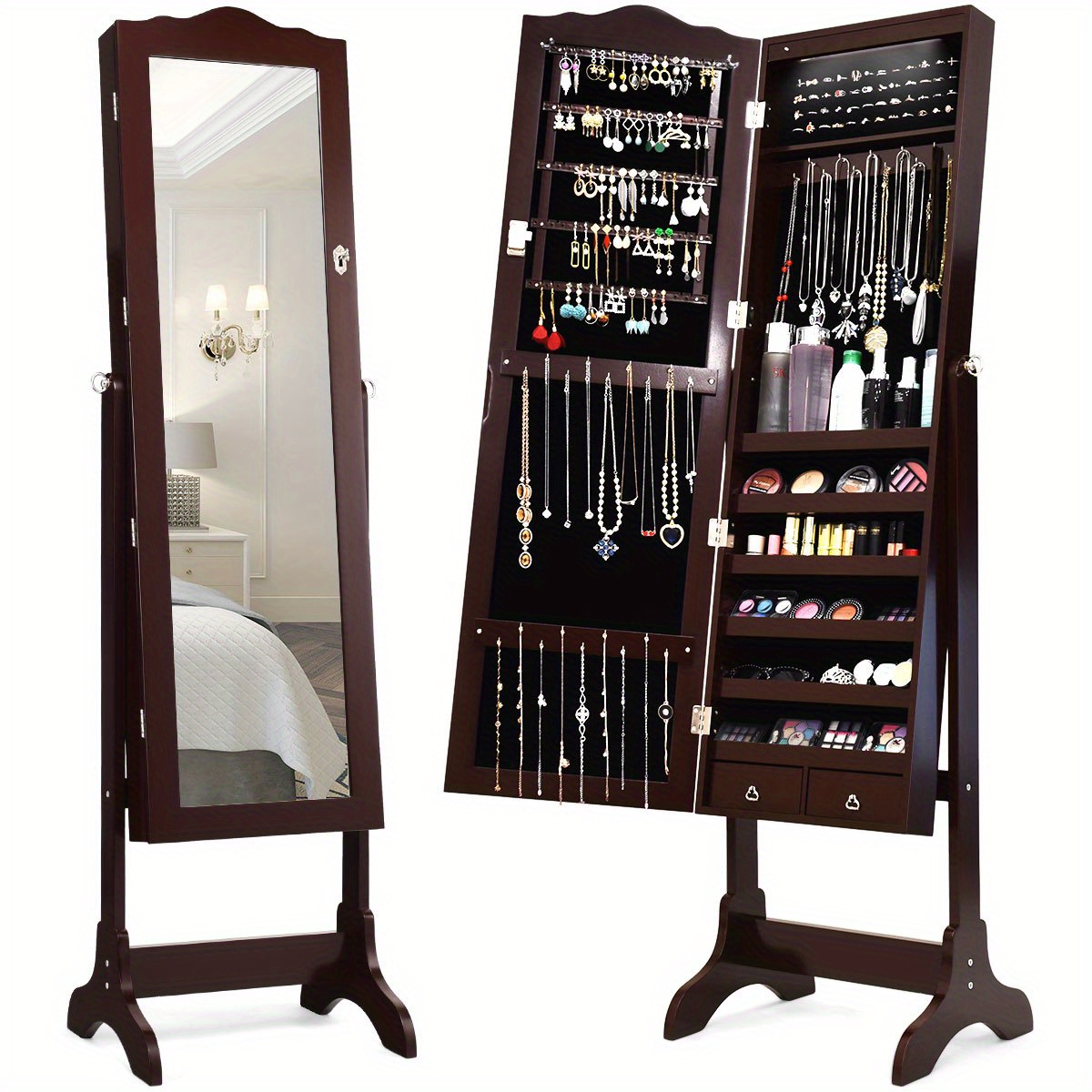 

Giantex Jewelry Mirrored Cabinet Armoire Storage Organizer W/drawer & Led Lights Brown