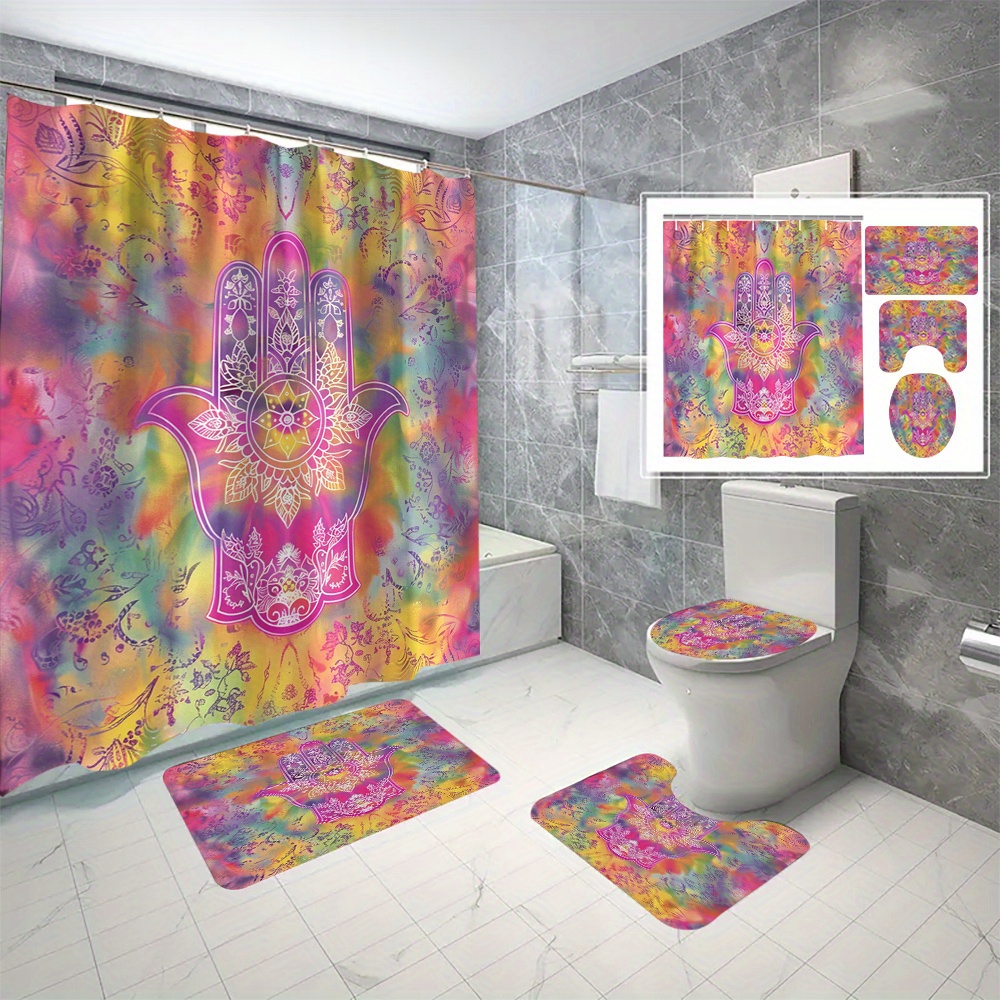 

4pcs Colorful Hamsa Hand Shower Curtain And Mats, Waterproof Shower Curtain With 12 Hooks, Bathroom Rug, Toilet U-shape Mat, Toilet Lid Cover Pad, Bathroom Decor, Shower Curtain Sets For Bathrooms