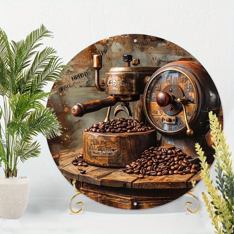 

8-inch Round Aluminum Coffee Themed Wall Art Decor Set - Waterproof Vintage Coffee Beans And Grinder Sign For Kitchen, Pantry, Cafe - Pre-drilled, Hd Printing, Durable Quality, Room Accent, 1pc