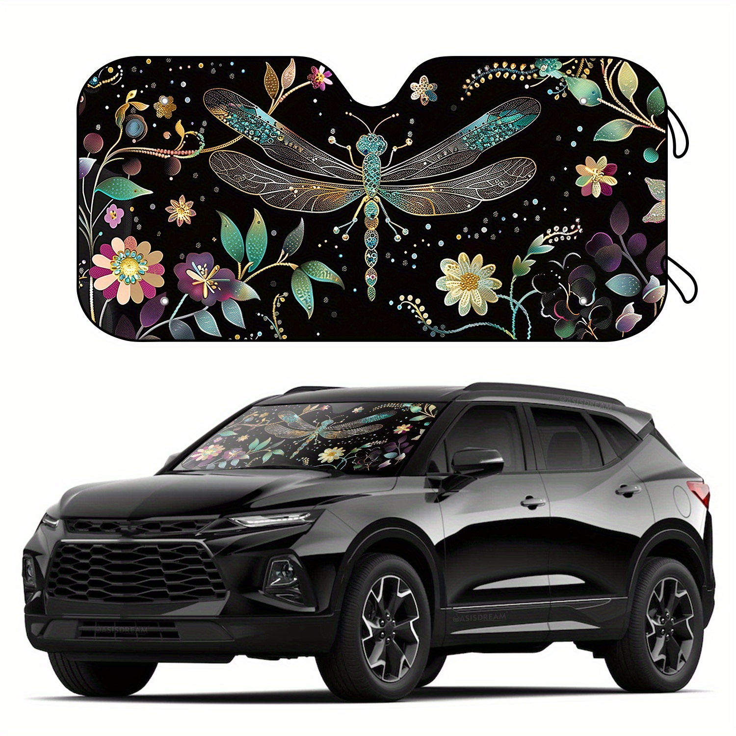 

57" X 27.5" Dragonfly And Flowers Printed Foldable Sunshade With 4 Free Suction Cups - Uv Protection For Rvs