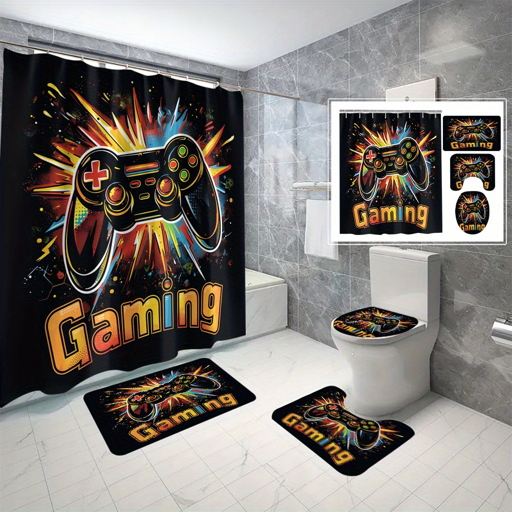 

4 Piece Gaming Shower Curtain Set With Hooks, Water-resistant Polyester Knit Fabric, Cartoon Video Game Controller Print, Machine Washable All-season Bathroom Decor