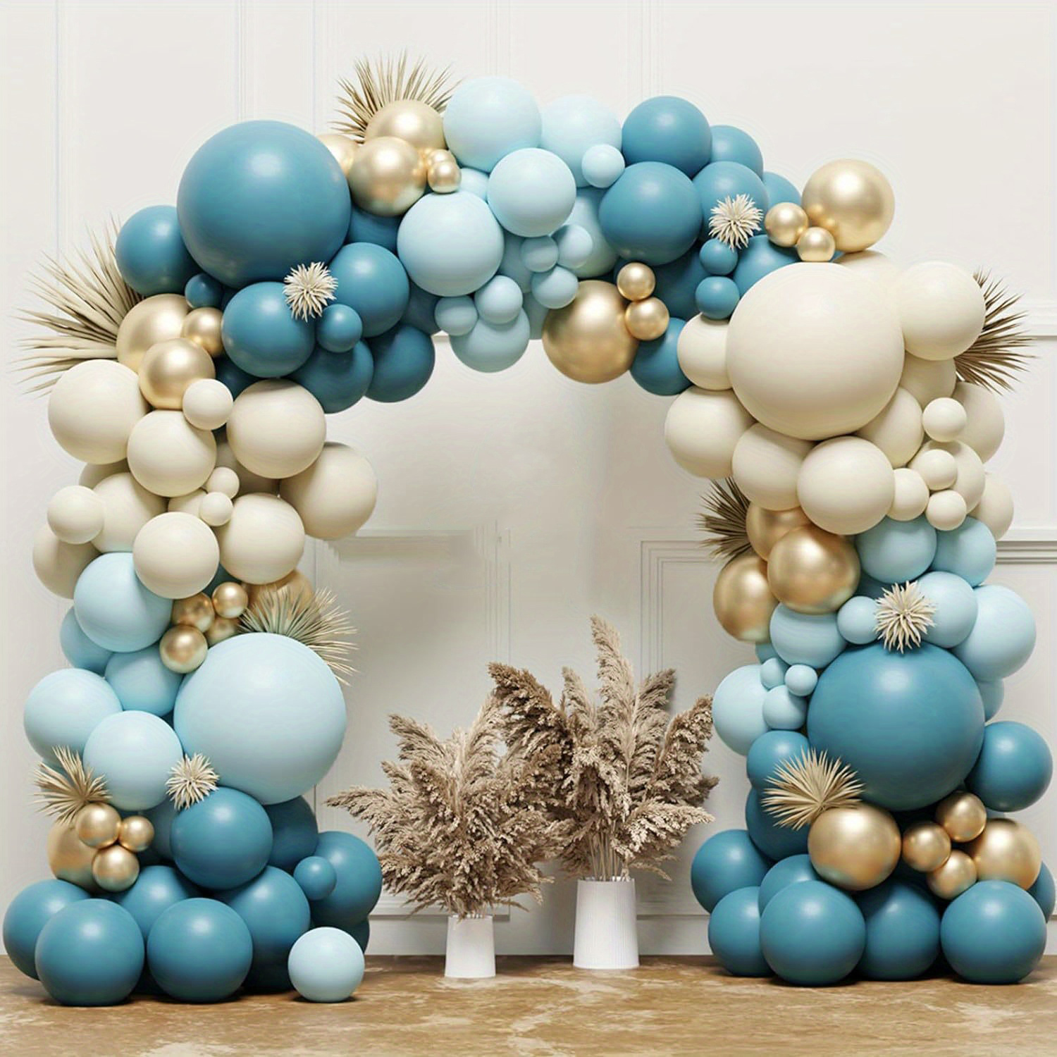 

112-piece Blue & Metallic Balloon Garland Set With Beige White Sand - Ideal For Birthdays, Baby Showers, And Celebrations - High-quality Latex Balloons, Simple Setup