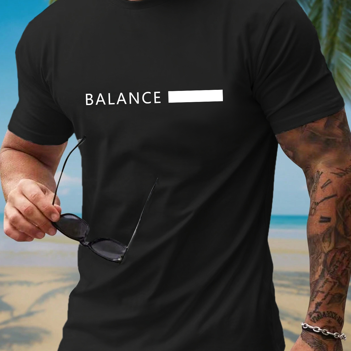 

Balance Print T-shirt For Men, Casual Short Sleeve T-shirt For Summer