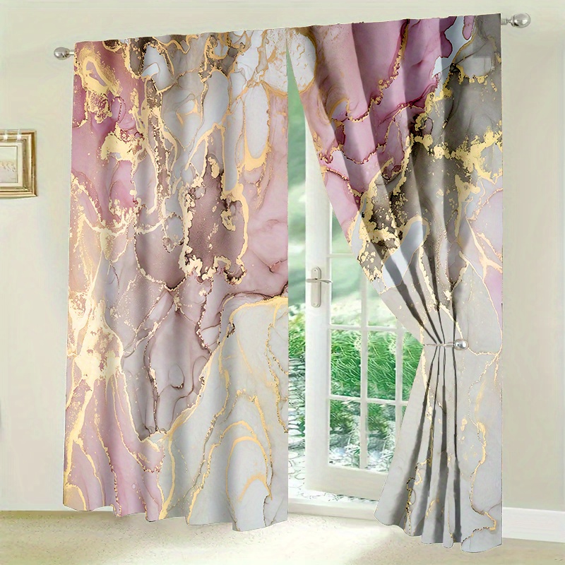 

2d Door Curtain, 2pcs Marble Texture Blackout Curtains With Golden Accents, Soft Pink Satin Polyester, Tie-back Closure For Bedroom, Living Room, Office, And Study, Curtains For Living Room