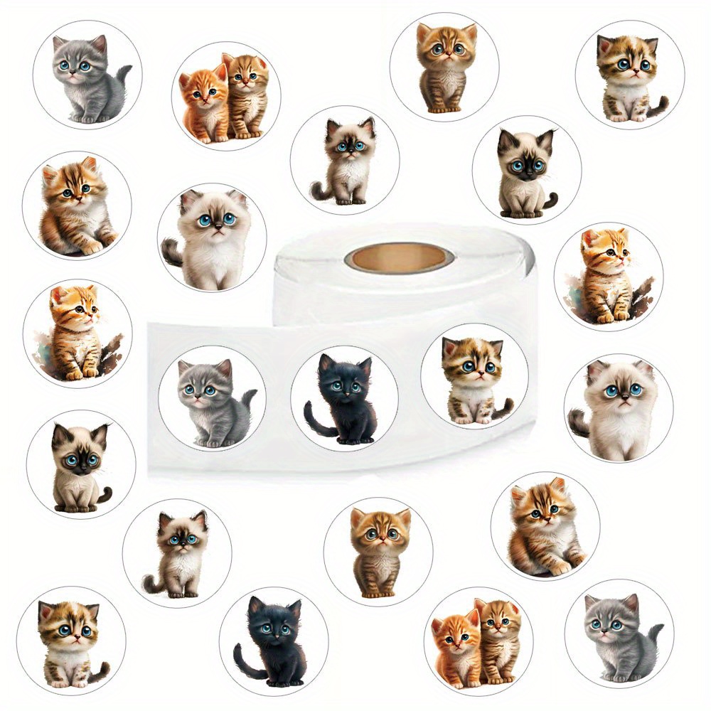 Image of 500pcs Cartoon Cute Cat Animals Circular Self-adhesive Label Stickers Creative Paper Tape Decorative Gift 1 Inch Label/10 Pattern For Phone, Laptop, Desktop, Adult, Neutral, Party Gifts