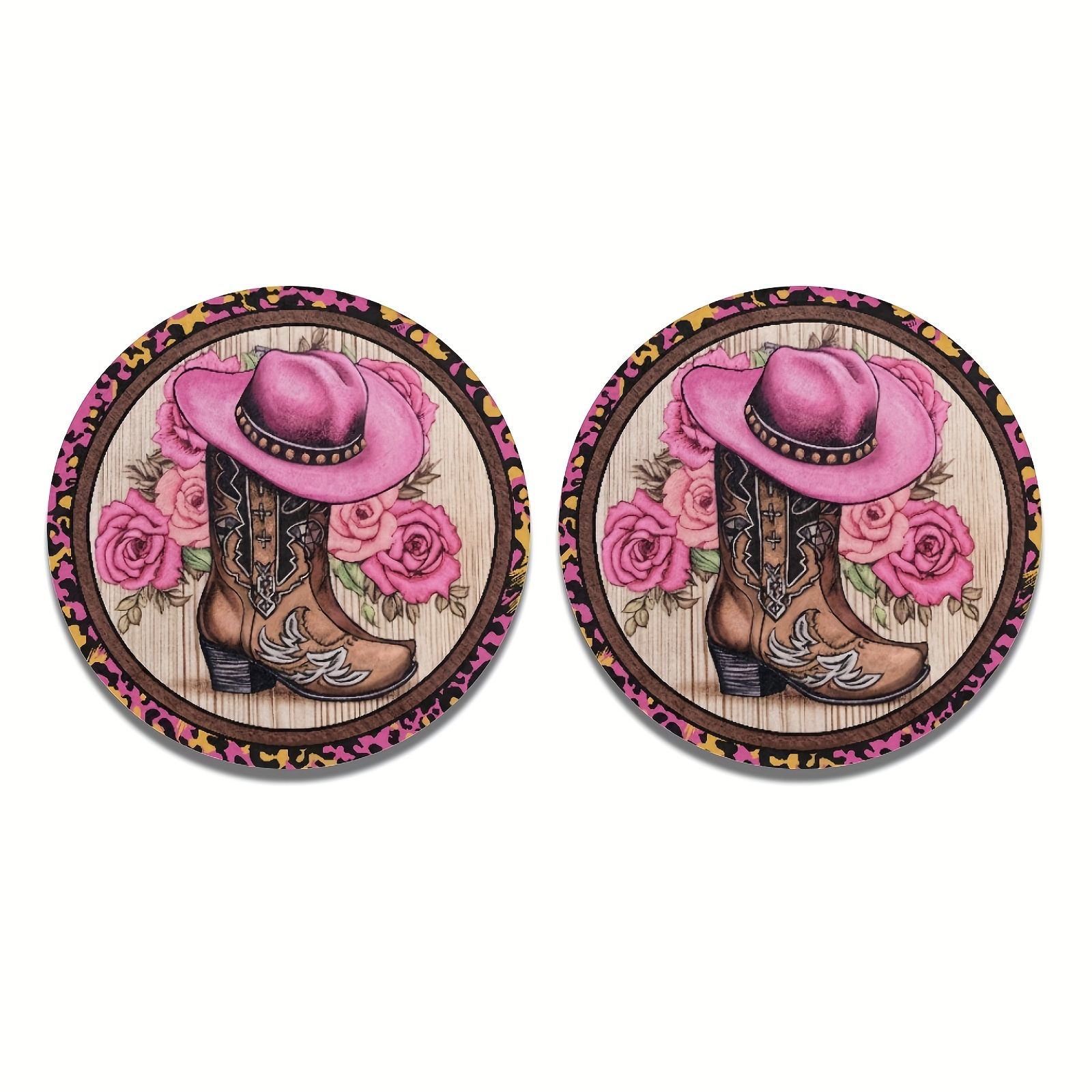 2pcs Cowboy Hat Boots Prints Car Drinks Coasters, Western Farmhouse Cowboy Boots Hat Round Coaster, Car Accessories Absorbent For