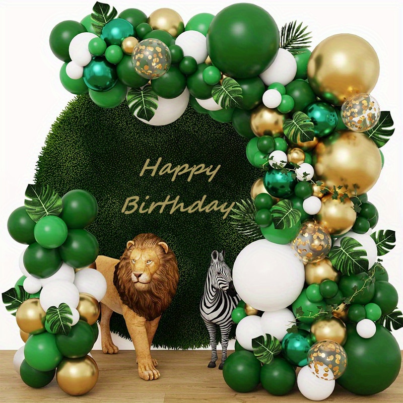 

112pcs Jungle Balloons Garland Kit: Green, Golden, And White Balloons With Dinosaur And Palm Leaf Decorations For Animal Wild Themed Parties