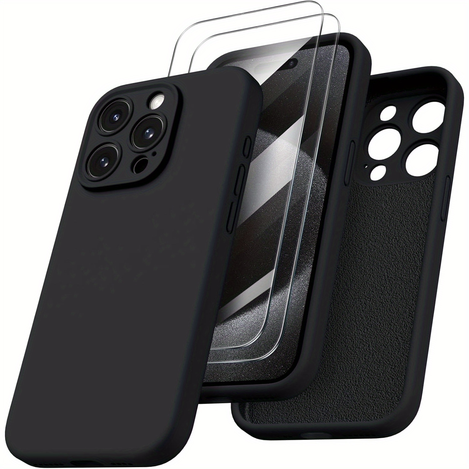 Compatible For Iphone 15 Pro Max Case With 2x Screen Protector, Liquid Silicone Gel Rubber Cover [upgraded Camera Protection], Shockproof Protective Phone Case-black