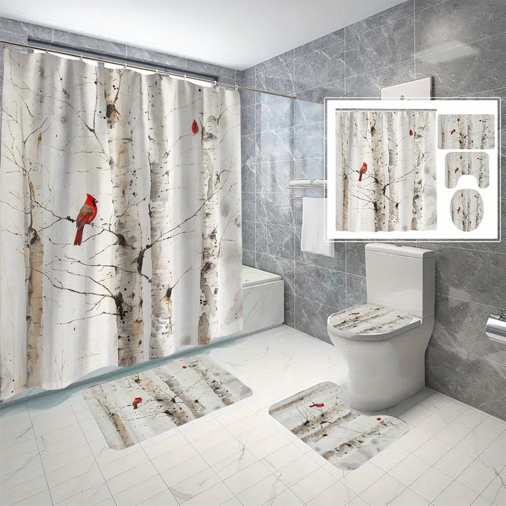 

4pcs Birch Tree And Bird Shower Curtain And Mats, Waterproof Shower Curtain With 12 Hooks, Bathroom Rug, Toilet U-shape Mat, Toilet Lid Cover Pad, Bathroom Decor, Shower Curtain Sets For Bathrooms