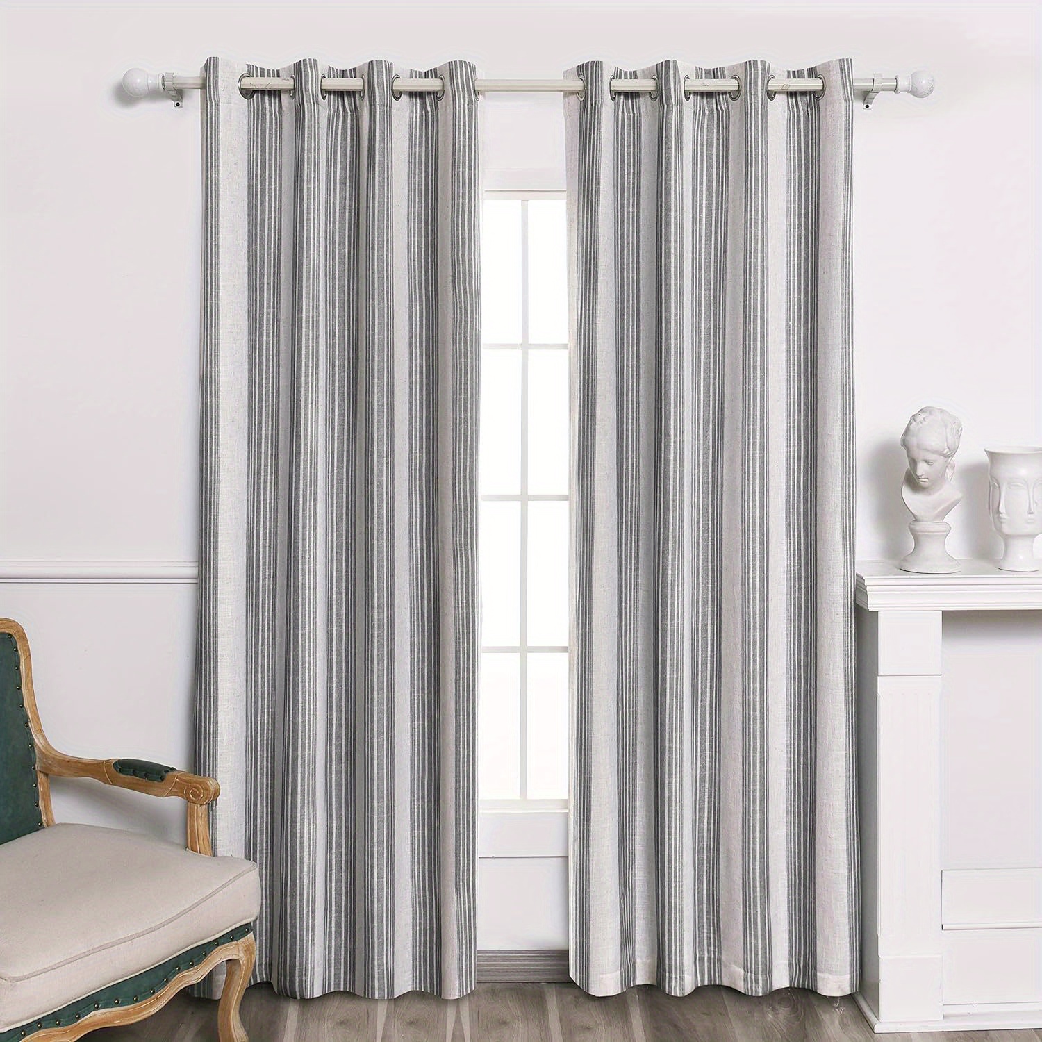 

Chris Vertical Striped Pattern Linen Blend Lined Thermal Insulated Blackout And Room Darkening Grommet Linen Curtains For Farmhouse Printed 2 Panels 52 Inch By 84 Inch Gray