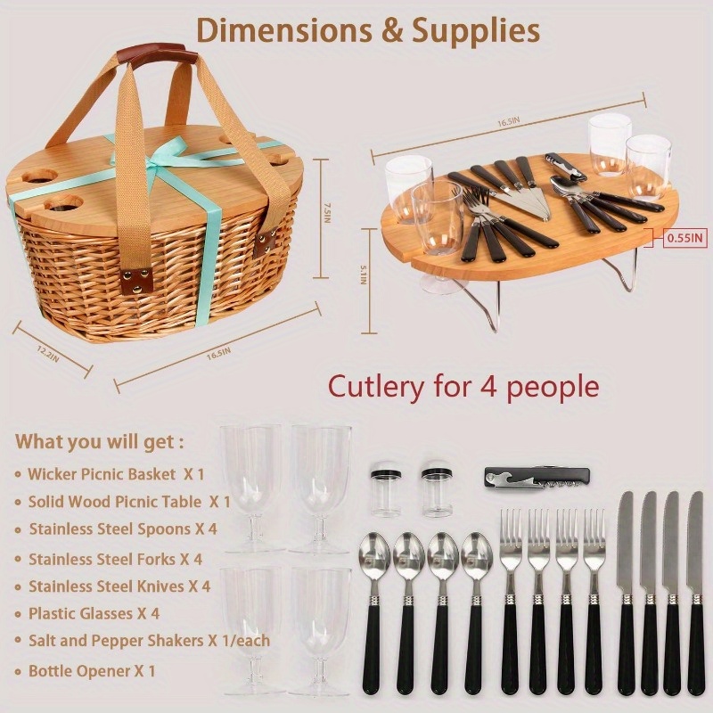 100   wicker picnic basket set for 2 4 with mini folding wine picnic table large insulated cooler bag cutlery service kits for 2 4 person couples gifts wedding gifts christmas gift non food direct contact