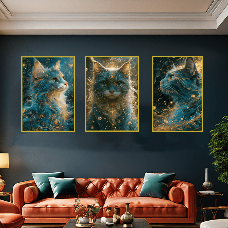 

3 Piece Cat Canvas Wall Art Set, Abstract Hip Hop Style Polyester Fiber Posters, Modern Unframed Artwork For Living Room, Bedroom, Home Decor