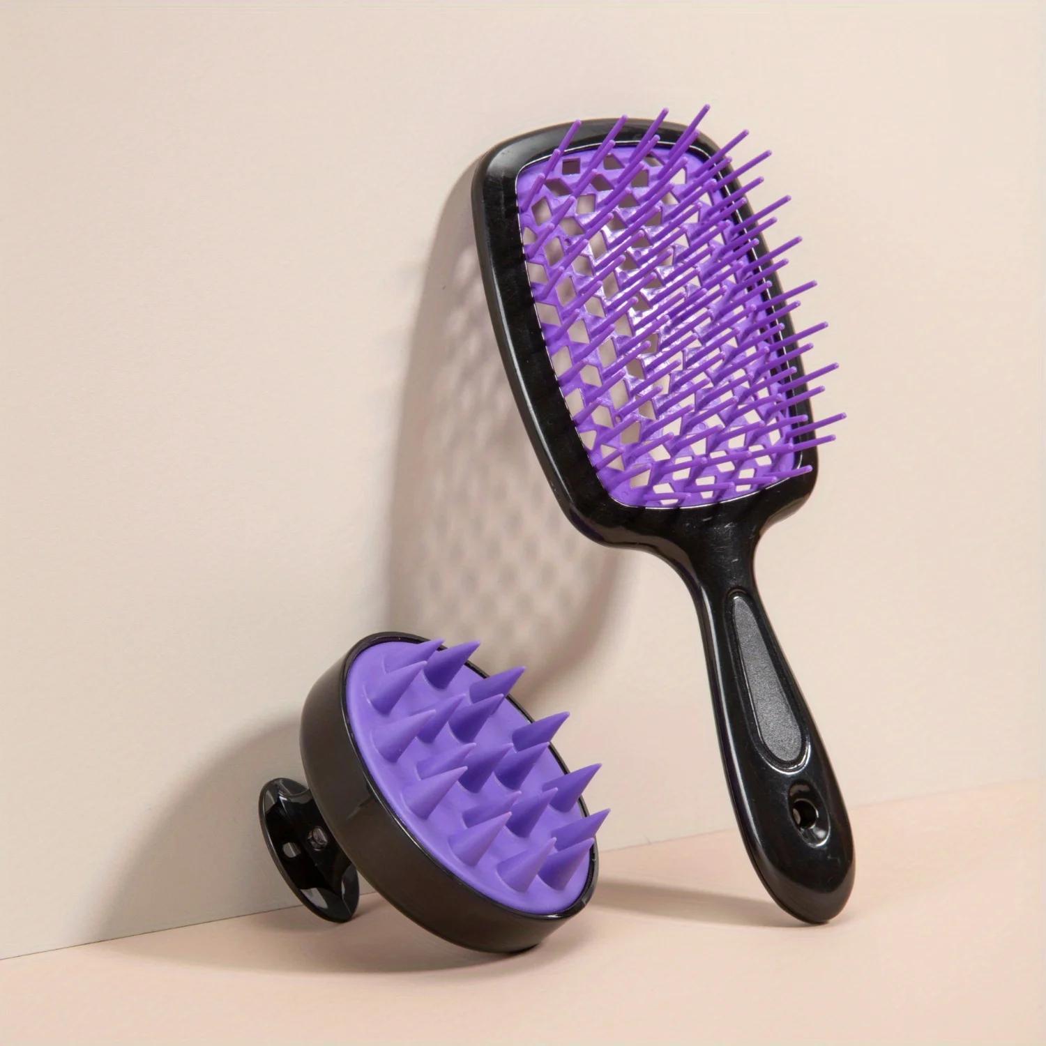 

2pcs Hair Brush And Scalp Massager Set, Abs Plastic Handle, Normal Hair, Plastic Bristles, Combs With Silicone Shampoo Brush For Salon Styling, Scalp Massage - Black And Purple