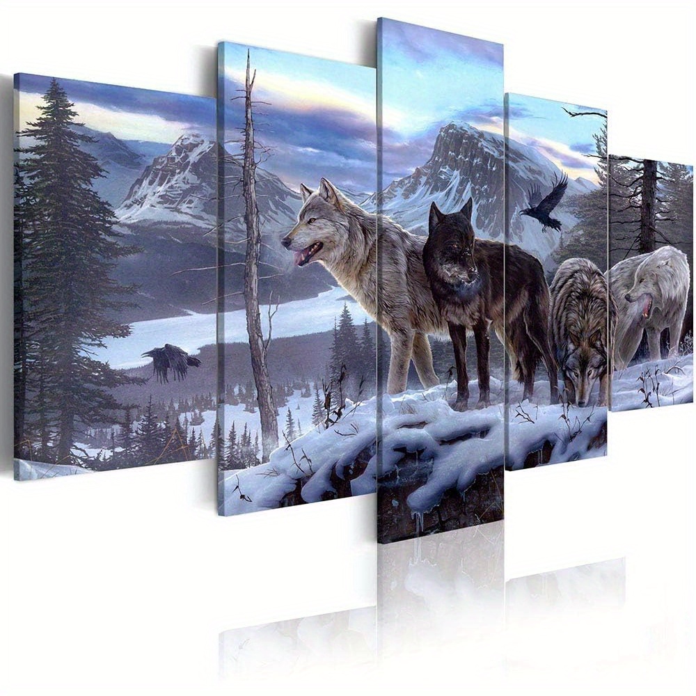 

Blue Winter Landscape Canvas Print Painting Animal Wolf Picture Home Decor Wall Art Living Dining Room Artwork Modern Framed 5 Panel (8''x12''x2+8''x16''x2+8''x20''x1)